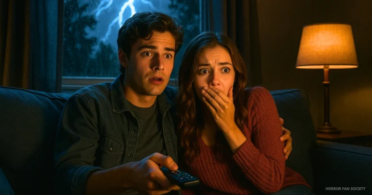 a couple sitting on a couch, watching a horror movie during a storm